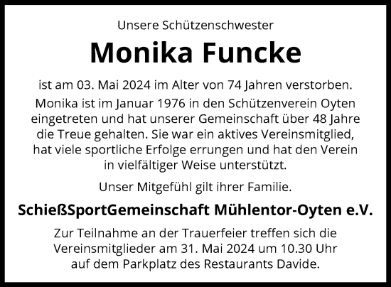 Traueranzeige von Monika Funcke von SYK