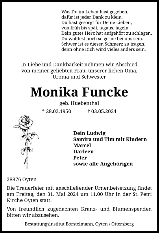 Traueranzeige von Monika Funcke von SYK