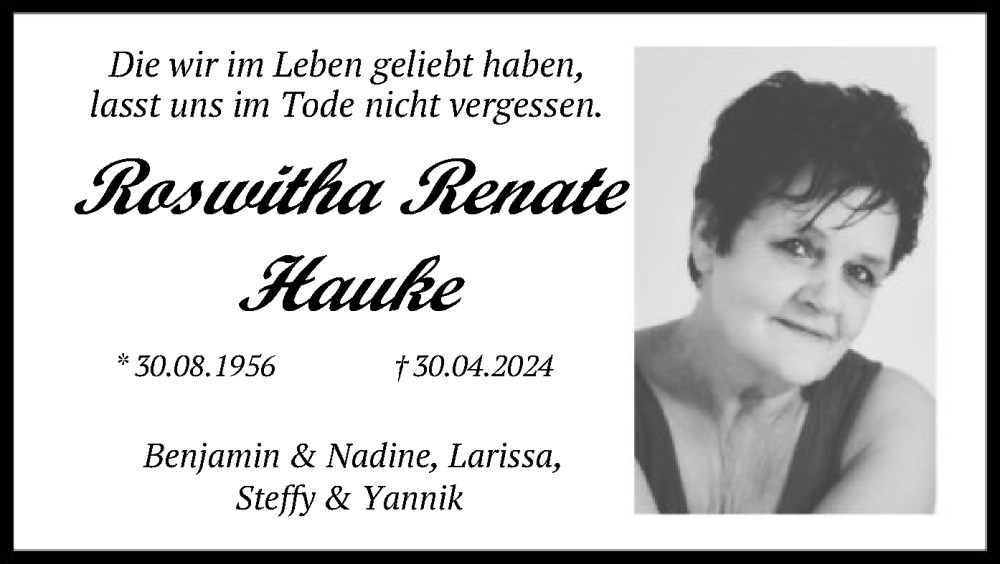  Traueranzeige für Roswitha Renate Hauke vom 18.05.2024 aus SYK