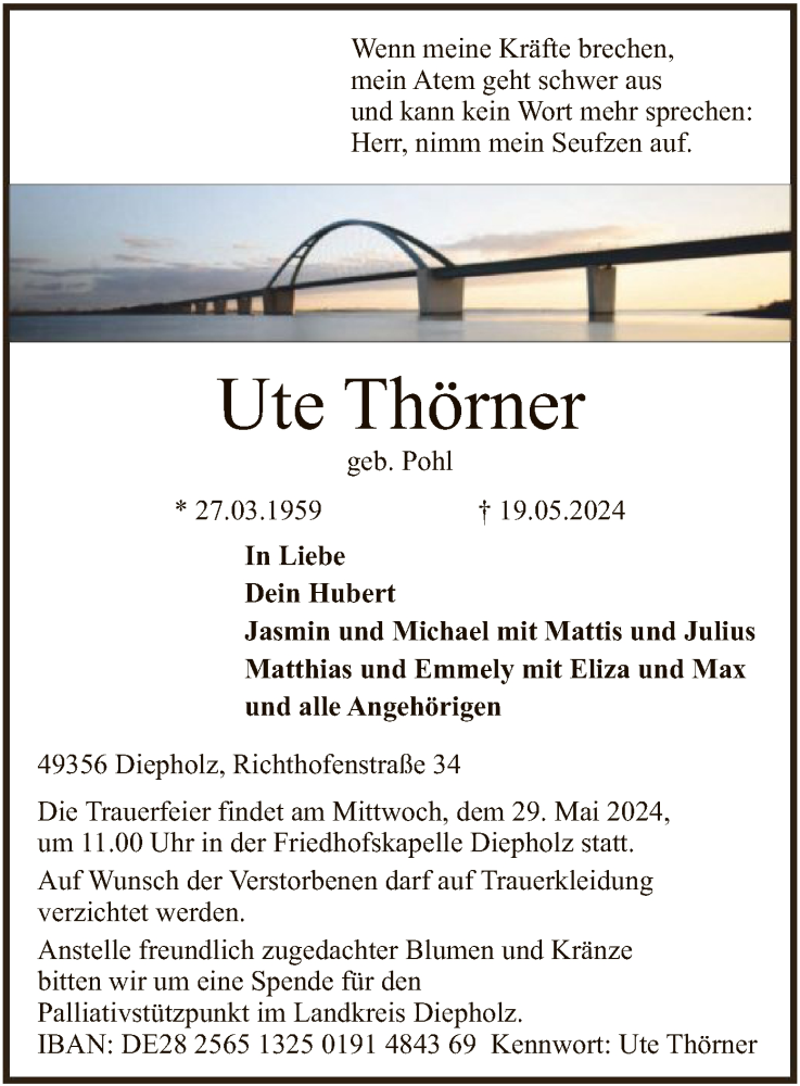  Traueranzeige für Ute Thörner vom 25.05.2024 aus SYK