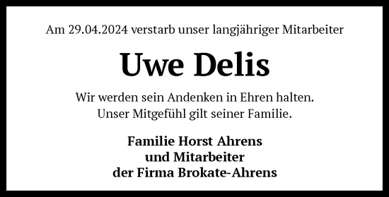 Traueranzeige von Uwe Delis von SYK