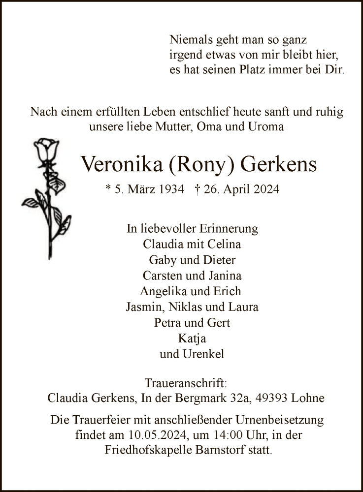  Traueranzeige für Veronika Gerkens vom 04.05.2024 aus SYK