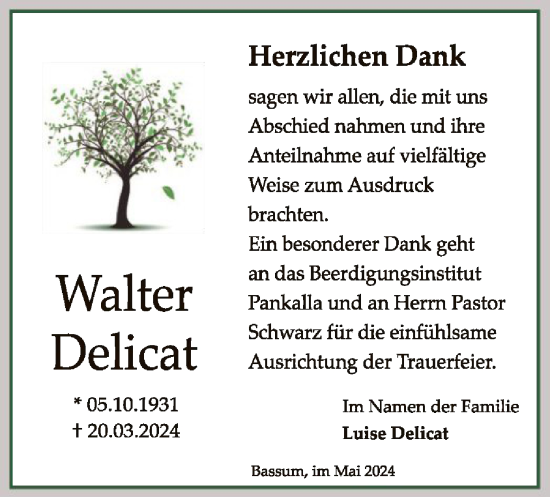 Traueranzeige von Walter Delicat von SYK