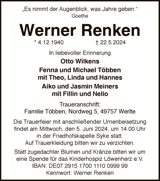 Traueranzeige von Werner Renken