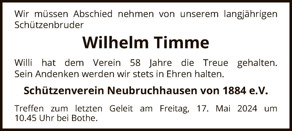  Traueranzeige für Wilhelm Timme vom 14.05.2024 aus SYK