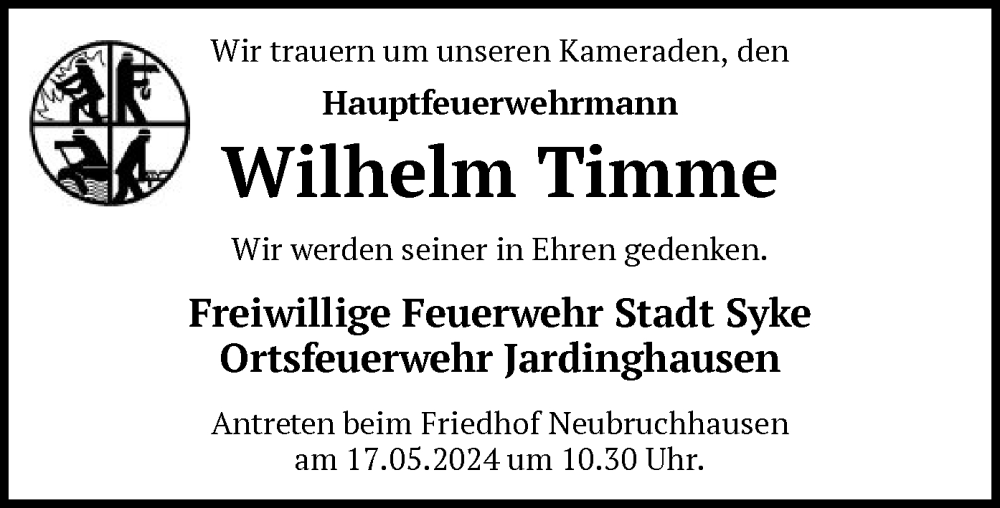  Traueranzeige für Wilhelm Timme vom 15.05.2024 aus SYK