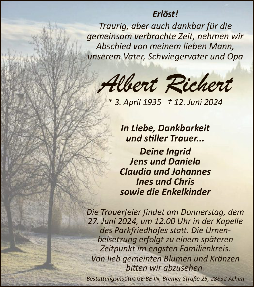  Traueranzeige für Albert Richert vom 22.06.2024 aus SYK