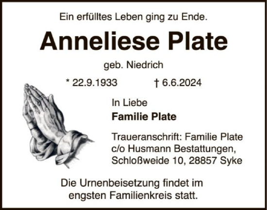 Traueranzeige von Anneliese Plate