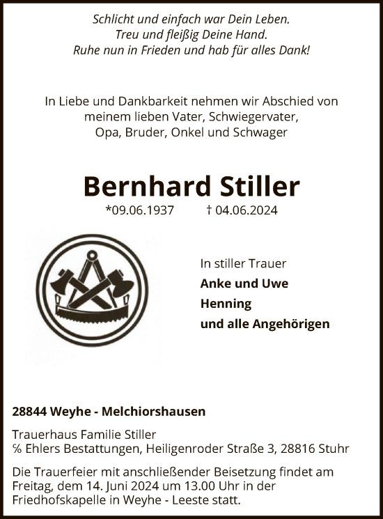 Traueranzeige von Bernhard Stiller von SYK