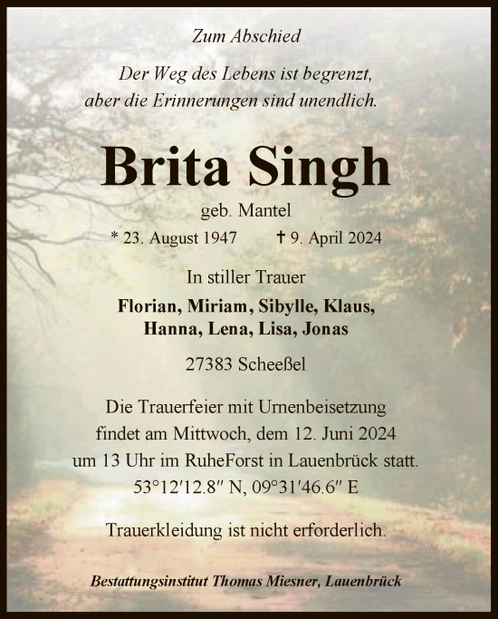 Traueranzeige von Brita Singh von SYK