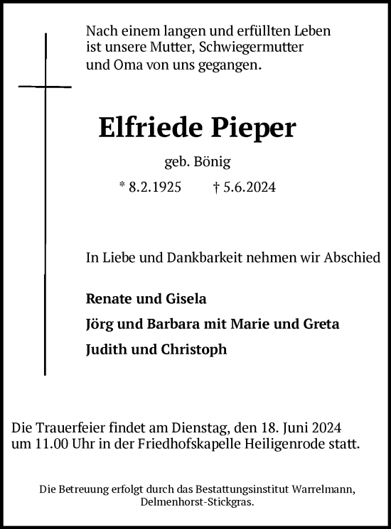 Traueranzeige von Elfriede Pieper von SYK