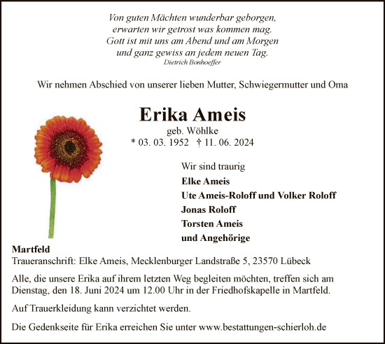 Traueranzeige von Erika Ameis von SYK