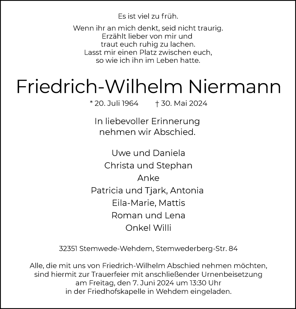  Traueranzeige für Friedrich-Wilhelm Niermann vom 01.06.2024 aus SYK