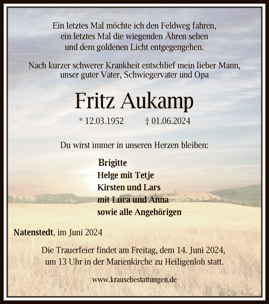  Traueranzeige für Fritz Aukamp vom 07.06.2024 aus SYKSYK