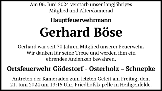 Traueranzeige von Gerhard Böse