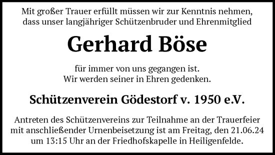 Traueranzeige von Gerhard Böse