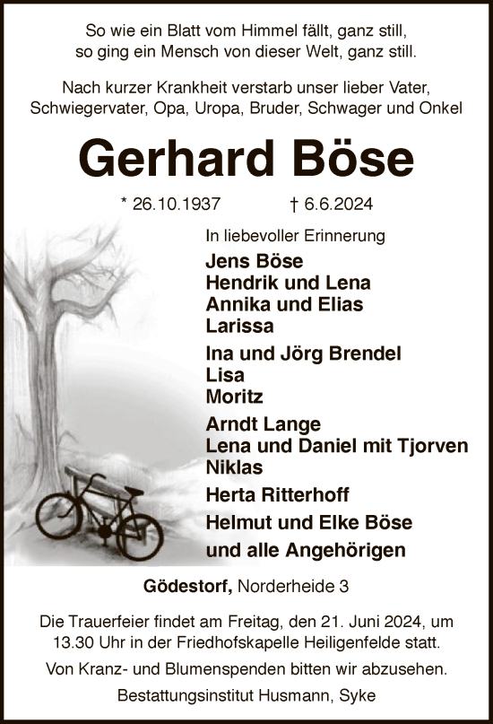 Traueranzeige von Gerhard Böse