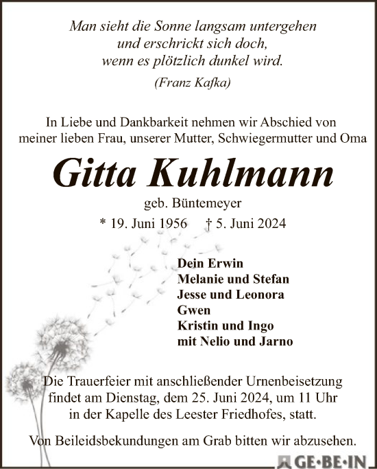 Traueranzeige von Gitta Kuhlmann von SYK