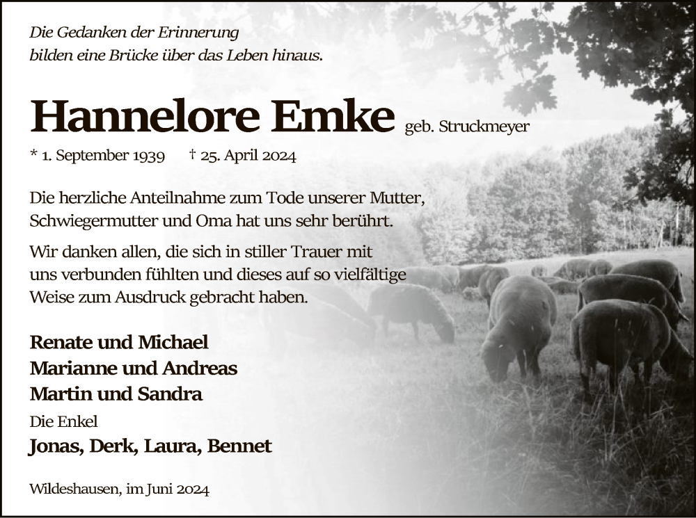  Traueranzeige für Hannelore Emke vom 01.06.2024 aus SYK