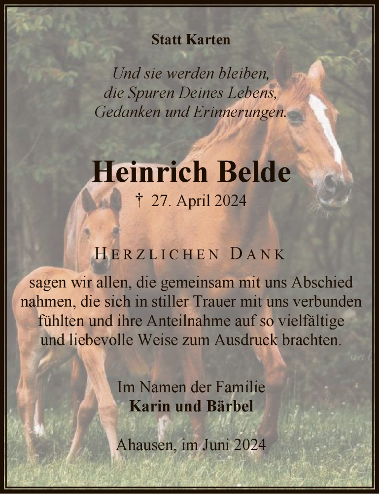  Traueranzeige für Heinrich Belde vom 08.06.2024 aus SYK