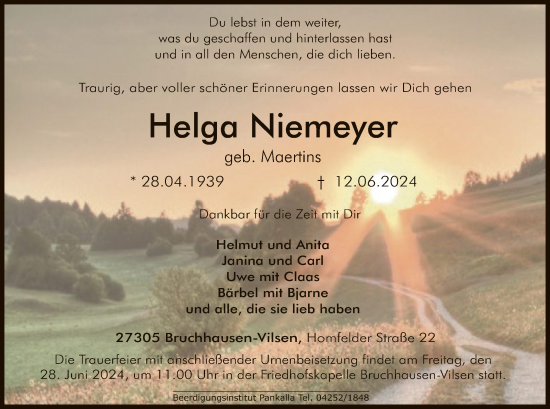 Traueranzeige von Helga Niemeyer von SYK