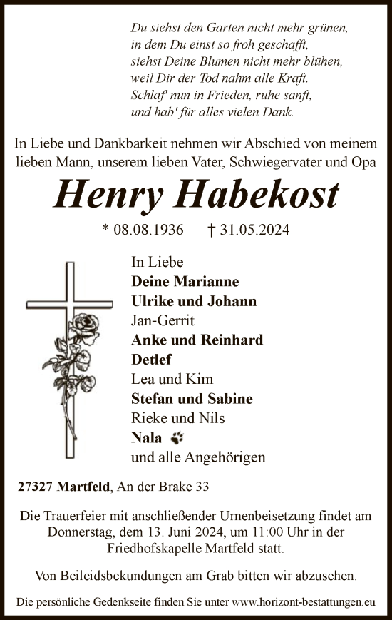 Traueranzeige von Henry Habekost von SYK