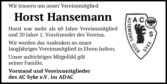 Traueranzeige von Horst Hansemann