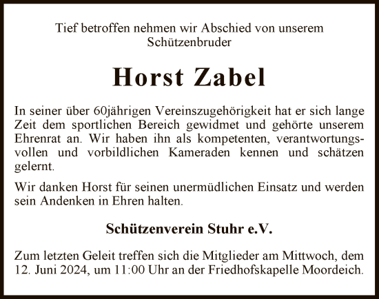 Traueranzeige von Horst Zabel von SYK