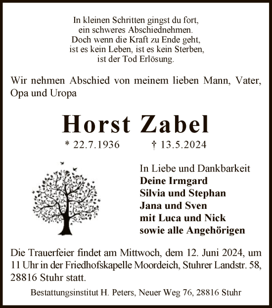 Traueranzeige von Horst Zabel von SYK