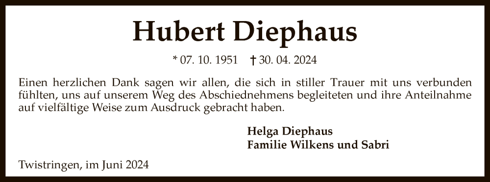  Traueranzeige für Hubert Diephaus vom 08.06.2024 aus SYK