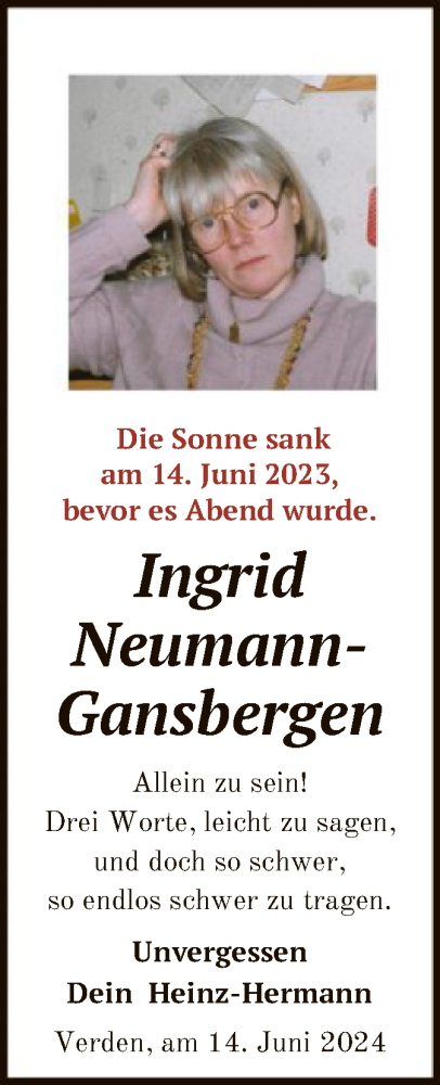 Traueranzeige von Ingrid Neumann-Gansbergen von SYK