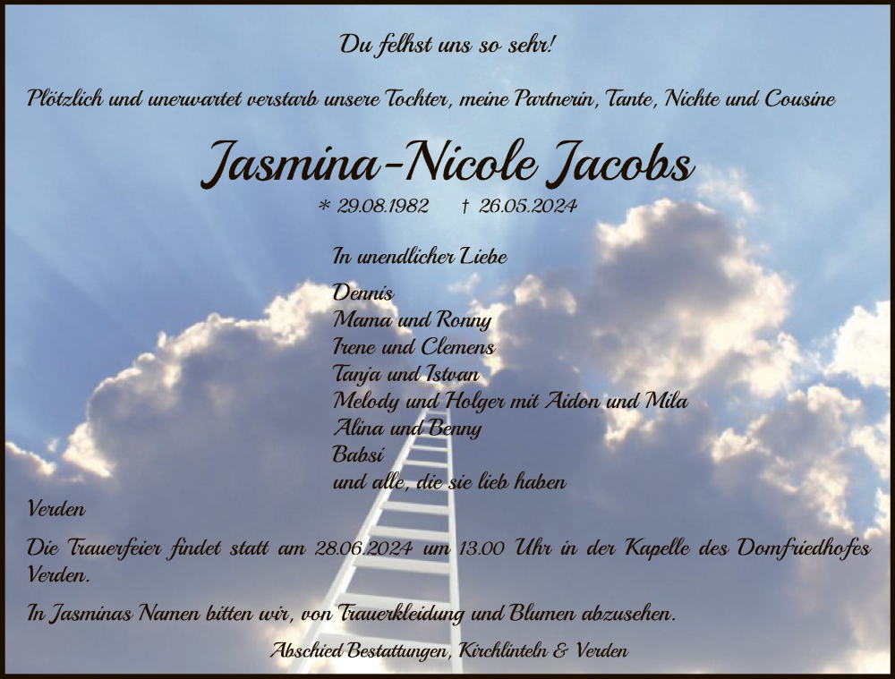  Traueranzeige für Jasmina-Nicole Jacobs vom 25.06.2024 aus SYK