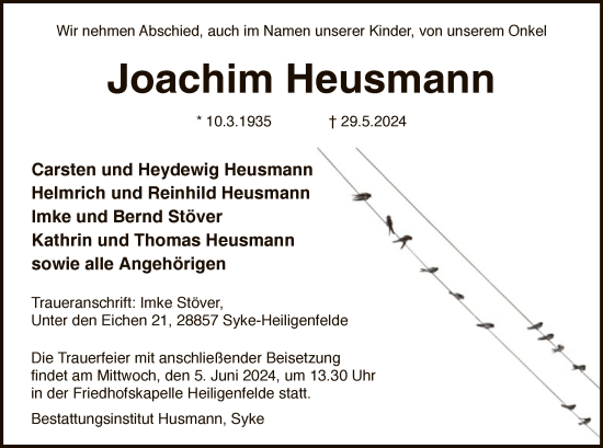 Traueranzeige von Joachim Heusmann von SYK