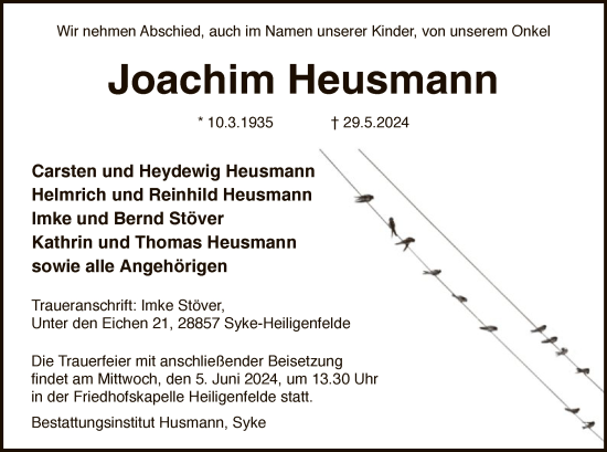 Traueranzeige von Joachim Heusmann