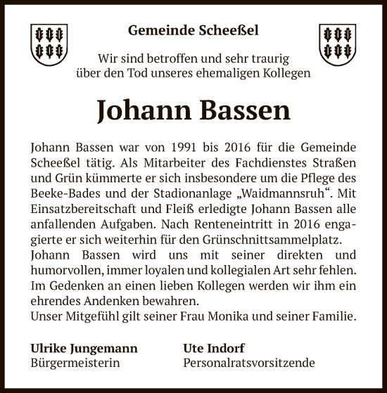 Traueranzeige von Johann Bassen von SYK