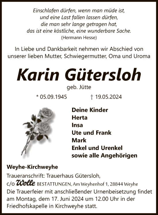 Traueranzeige von Karin Gütersloh von SYK