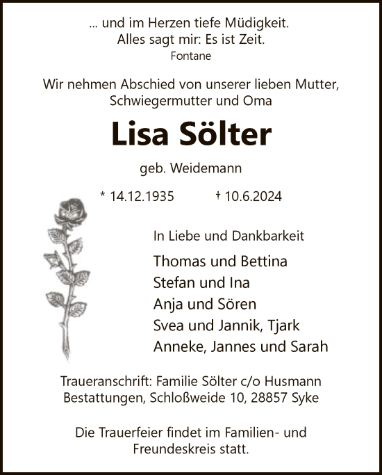 Traueranzeige von Lisa Sölter