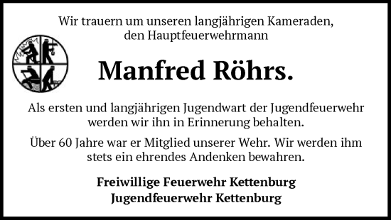 Traueranzeige von Manfred Röhrs von SYK