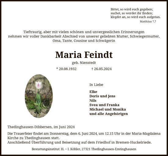 Traueranzeige von Maria Feindt von SYK