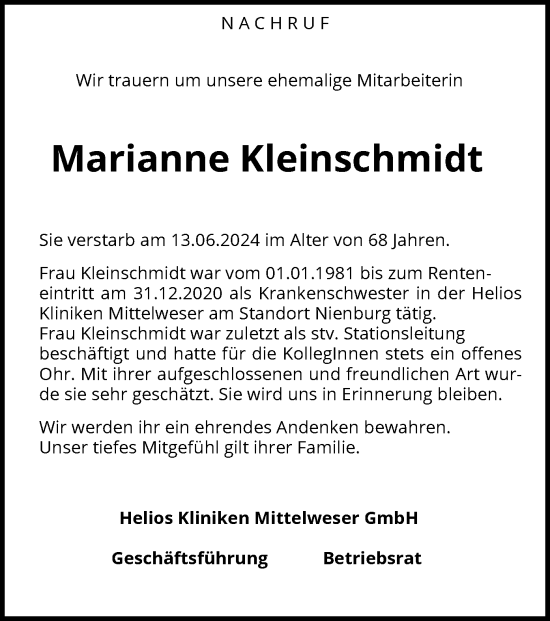 Traueranzeige von Marianne Kleinschmidt von SYK