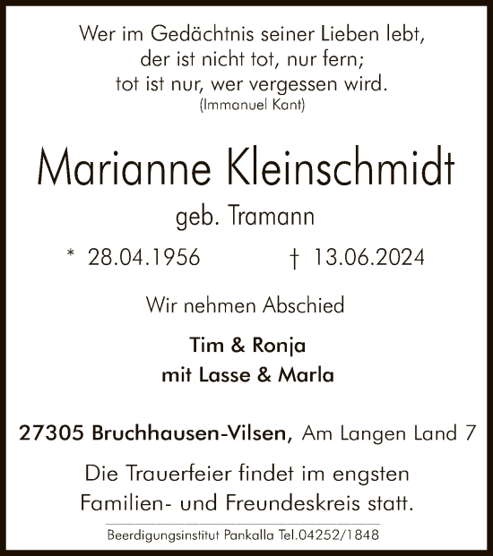 Traueranzeige von Marianne Kleinschmidt von SYK