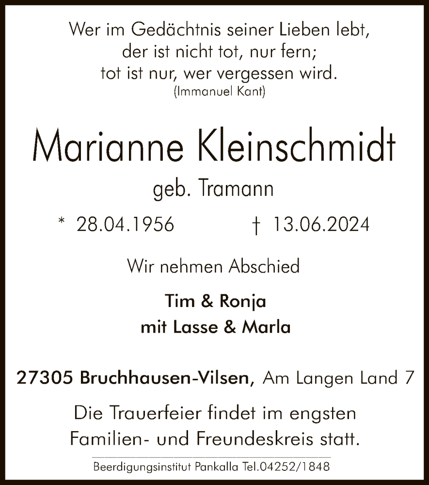  Traueranzeige für Marianne Kleinschmidt vom 15.06.2024 aus SYK