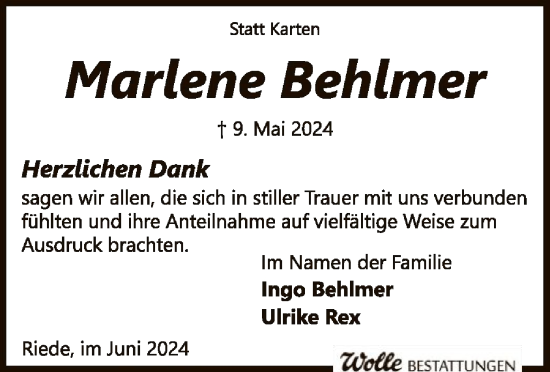 Traueranzeige von Marlene Behlmer von SYK