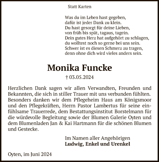 Traueranzeige von Monika Funcke von SYK