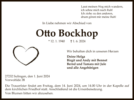 Traueranzeige von Otto Bockhop von SYK