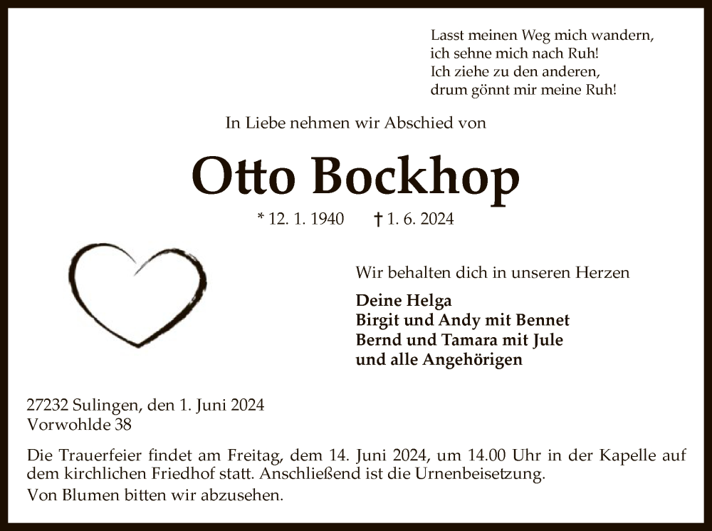  Traueranzeige für Otto Bockhop vom 08.06.2024 aus SYK