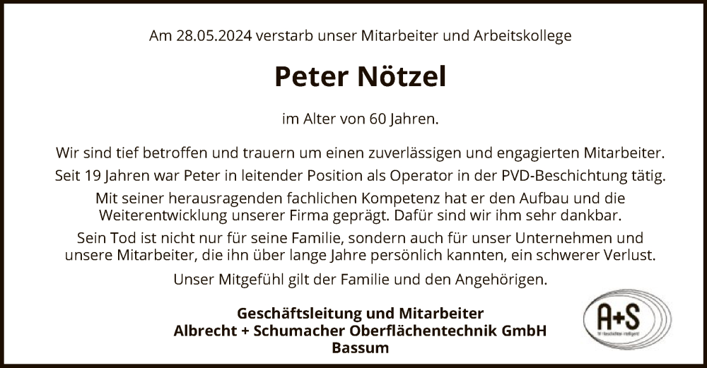  Traueranzeige für Peter Nötzel vom 08.06.2024 aus SYKSYK