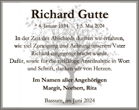 Traueranzeige von Richard Gutte von SYK