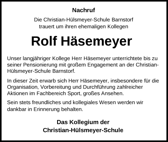 Traueranzeige von Rolf Häsemeyer von SYK