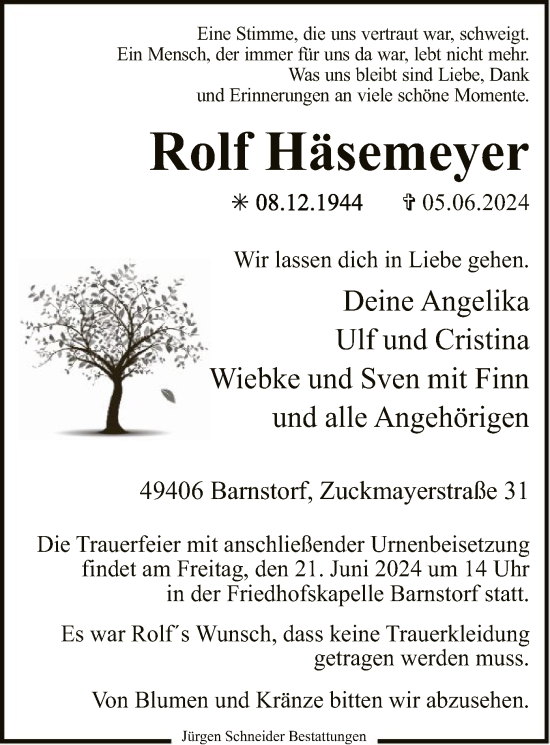 Traueranzeige von Rolf Häsemeyer von SYK